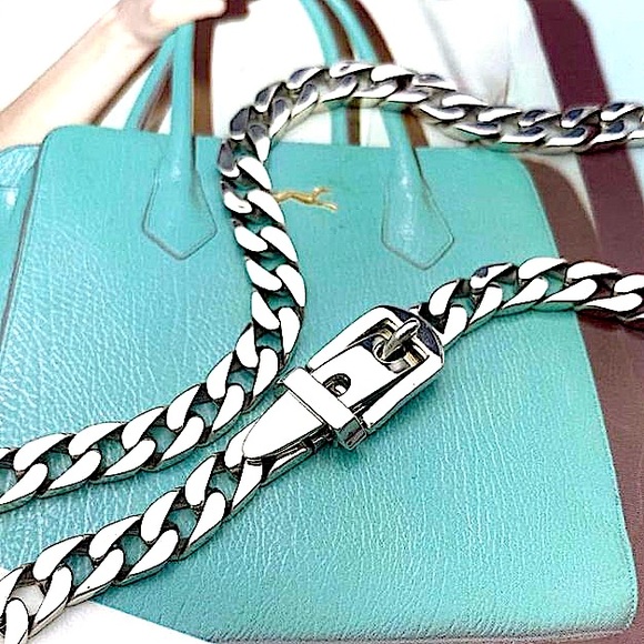 Belt Buckle Sterling Silver Cuban Chain Link Choker Necklace - Picture 2 of 10